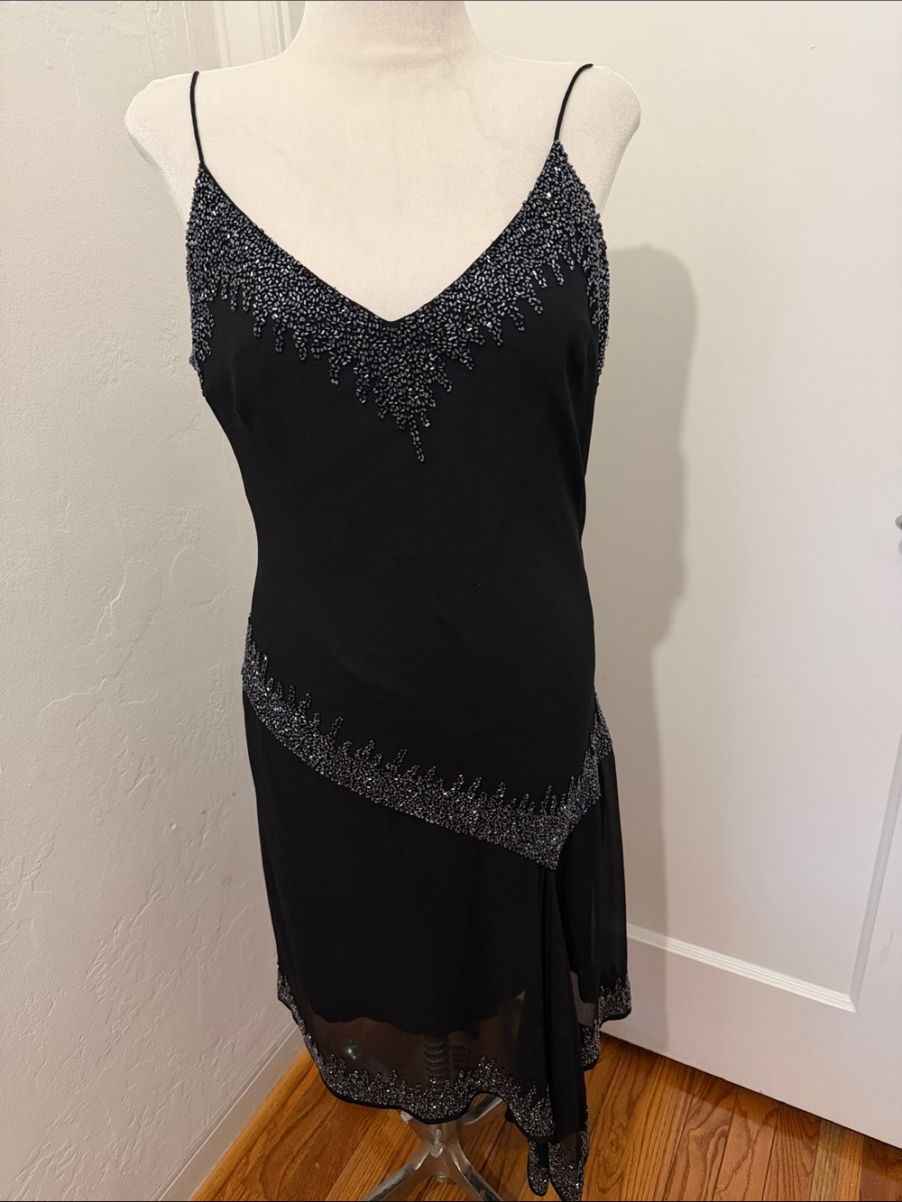J Kara 90’s Vintaged Black Beaded One-Shoulder Slip Dress Asymmetrical